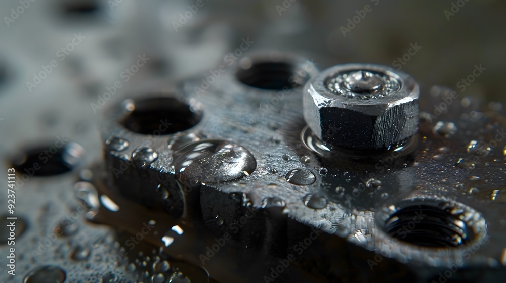 Close-up of Metal Nut and Water Droplets.