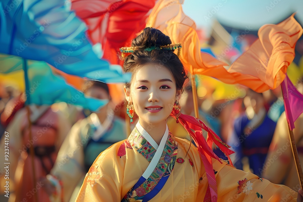 Portrait of a North Korean Woman in Traditional Attire Celebrating a Festival Outdoors. Capturing the Beauty and Pride of North Korean Culture During a Joyous Occasion. A Reflection of Ethnic Heritage Portrait of a North Korean Woman in Traditional Attire Celebrating a Festival Outdoors. Capturing the Beauty and Pride of North Korean Culture During a Joyous Occasion. A Reflection of Ethnic Heritage