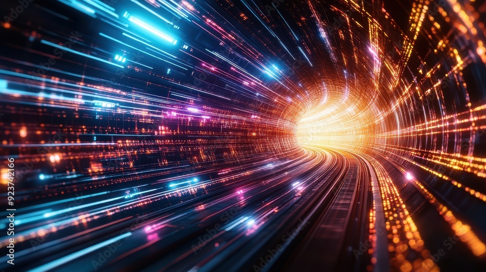 Abstract tunnel background, digital innovation convergence, vibrant ...