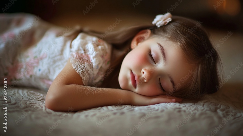 Peaceful slumber envelops a young child, her delicate features softened by warm light. Lace-trimmed dress and a tiny hair clip add charm to this serene bedtime scene. Peaceful slumber envelops a young child, her delicate features softened by warm light. Lace-trimmed dress and a tiny hair clip add charm to this serene bedtime scene.
