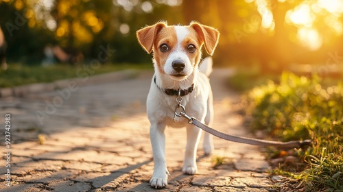 Adorable Jack Russell terrier puppy on leash standing on sunlit path in park, golden hour warmth illuminating its cute face and surroundings. photo