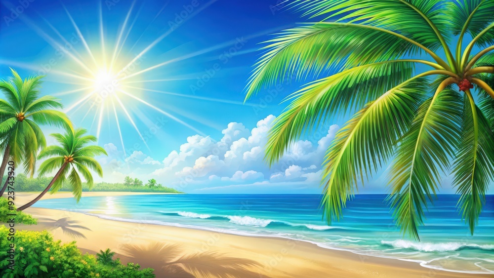 Bright and colorful summer holiday background with beach, palm trees, and ocean , vacation, paradise, tropical, sea, sand, leisure Bright and colorful summer holiday background with beach, palm trees, and ocean , vacation, paradise, tropical, sea, sand, leisure