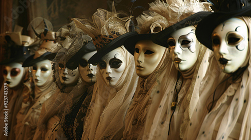 Phantom Masquerade: Halloween Ball with Ghostly Figures in Spooky, Elegant Attire