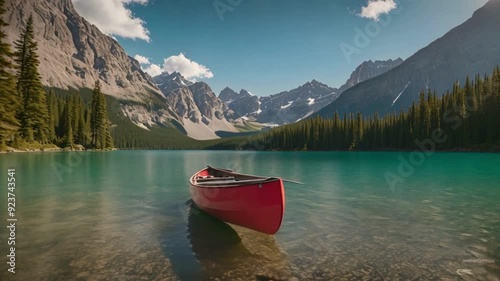  In the summer, Emerald Lake presents a breathtaking scene of clear blue waters and canoeists enjoying the calm lake, framed by a beautiful mountain range under a clear blue sky, located in the enchan photo