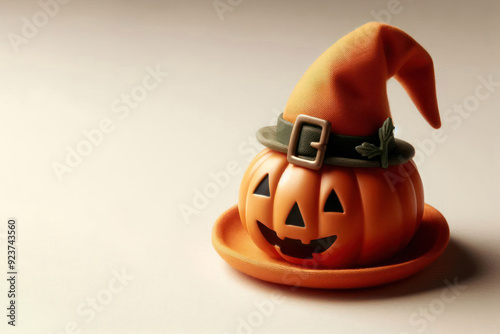 Halloween pumpkin in a witch's hat. Space for text.