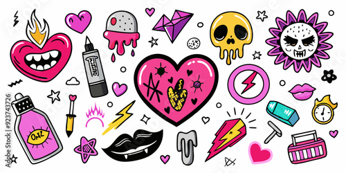 Doodle love grunge rock set, vector graffiti groovy punk heart print kit, emo gothic hand drawn sign. Marker scribble sticker, crayon wax paint collage icon, lips. Romantic Valentine Day heart doodle