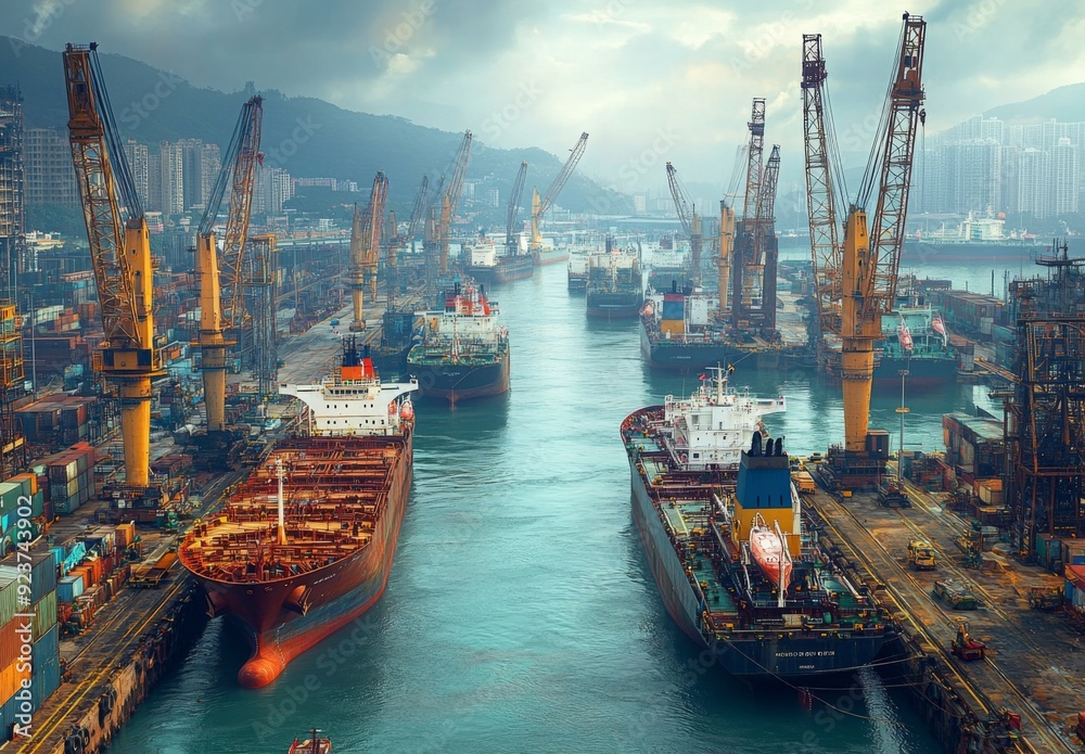 A panoramic view of a busy harbor with multiple ships docked, towering cranes, and the expanse of water, capturing the scale and activity of the port A panoramic view of a busy harbor with multiple ships docked, towering cranes, and the expanse of water, capturing the scale and activity of the port