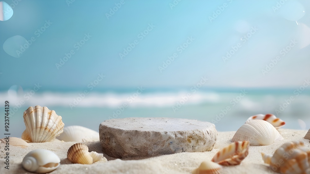Seashell Serenity: Empty podium on sandy beach with seashells for product display, evoking a sense of tranquility and coastal charm. Seashell Serenity: Empty podium on sandy beach with seashells for product display, evoking a sense of tranquility and coastal charm.