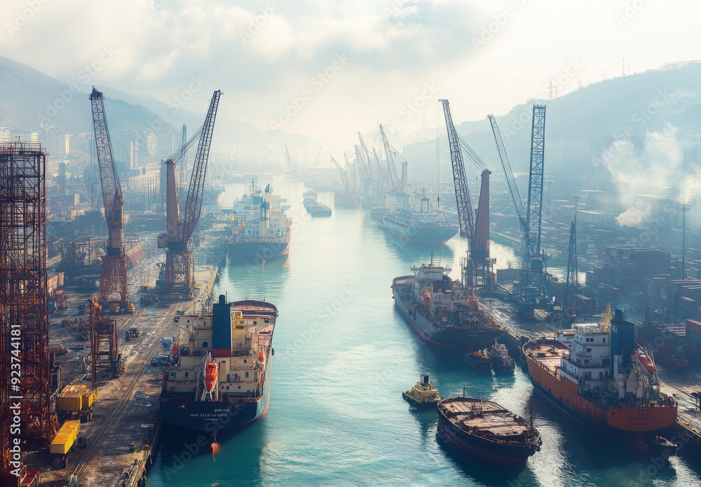 A panoramic view of a busy harbor with multiple ships docked, towering cranes, and the expanse of water, capturing the scale and activity of the port A panoramic view of a busy harbor with multiple ships docked, towering cranes, and the expanse of water, capturing the scale and activity of the port