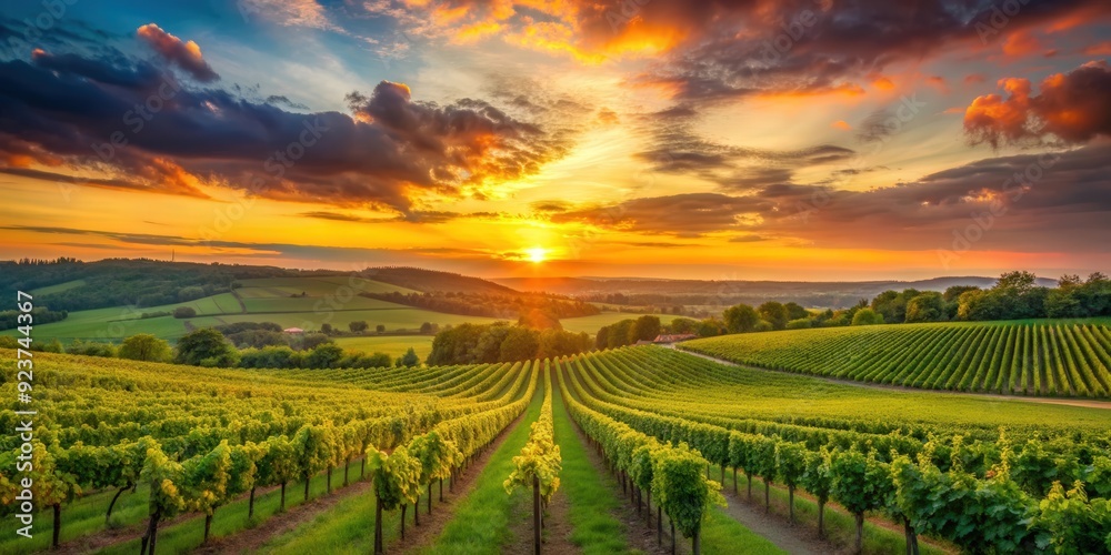 Sunset over a European vineyard, with lush green vineyards, colorful sky Sunset over a European vineyard, with lush green vineyards, colorful sky