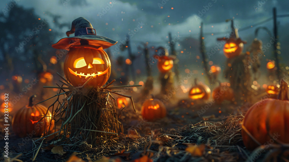 Fototapeta premium Haunted Pumpkin Patch with Eerie Glowing Pumpkins and Ghostly Scarecrows