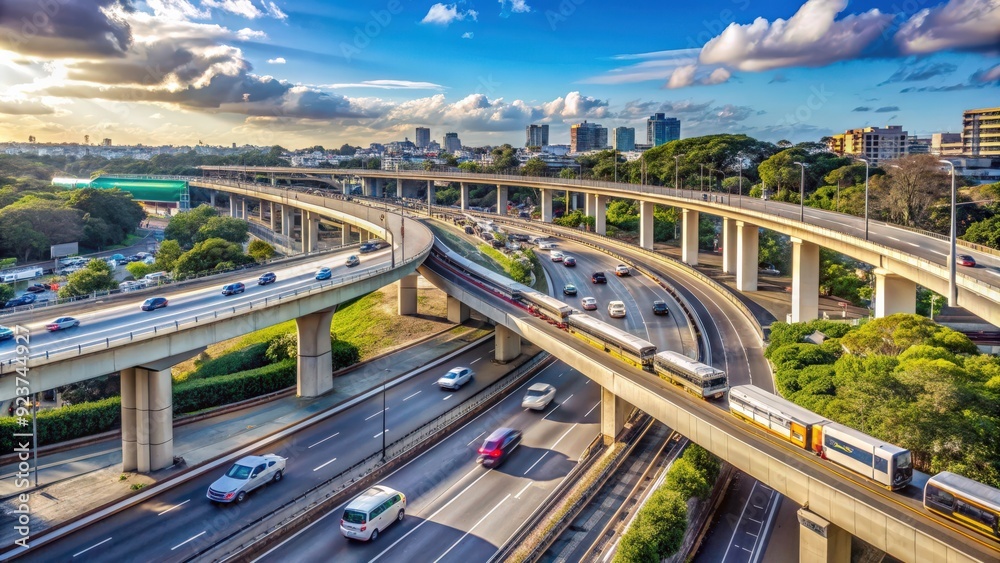 Intersection of a busy motorway with a Metro train passing overhead , transportation, traffic Intersection of a busy motorway with a Metro train passing overhead , transportation, traffic