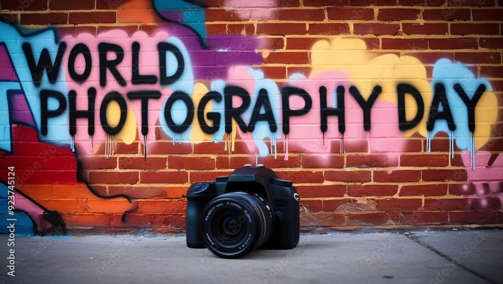 Camera Against Urban Brick Wall with Colorful Graffiti: 'World Photography Day' in Bold, Spray-Painted Letters Blending into the Street Art, Giving a Gritty, Artistic Vibe. Generative AI. Camera Against Urban Brick Wall with Colorful Graffiti: 'World Photography Day' in Bold, Spray-Painted Letters Blending into the Street Art, Giving a Gritty, Artistic Vibe. Generative AI.