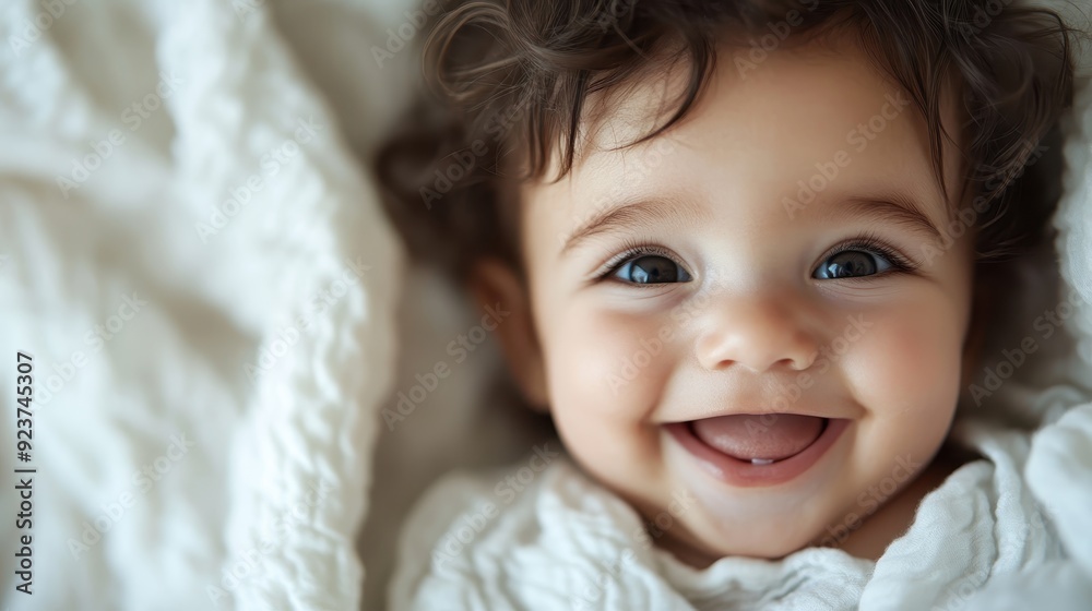 An infant with curly hair, showing a toothy smile, wrapped in a soft white blanket, lying on a bed with a pure white background, radiating happiness and warmth. An infant with curly hair, showing a toothy smile, wrapped in a soft white blanket, lying on a bed with a pure white background, radiating happiness and warmth.