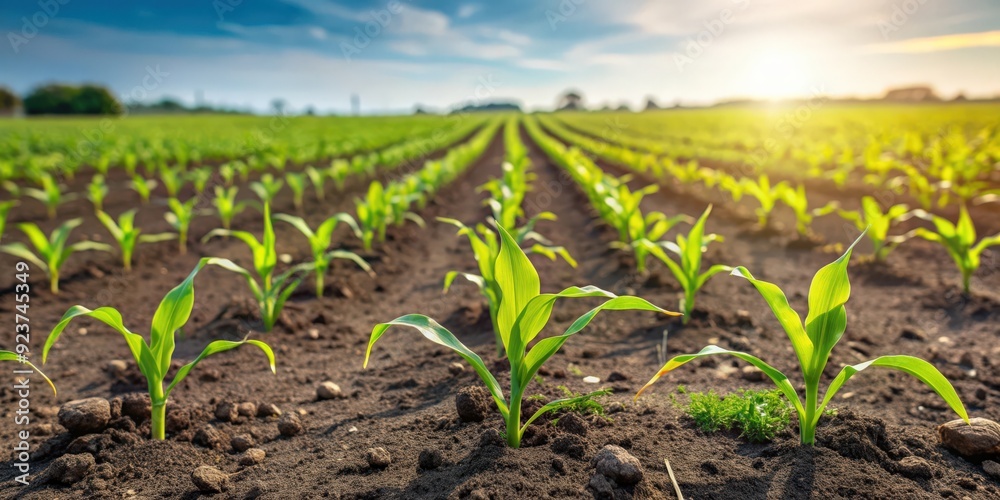 Fresh green maize sprouts growing in a vast agricultural field, Corn, seedlings, field, agriculture, plantation, growth