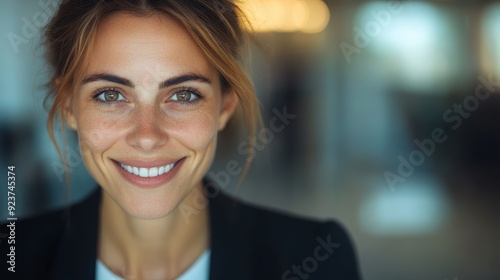 A woman with a warm smile, dressed in business attire, stands in an office setting, appearing content and professional, with a softly blurred background providing a calm ambiance.