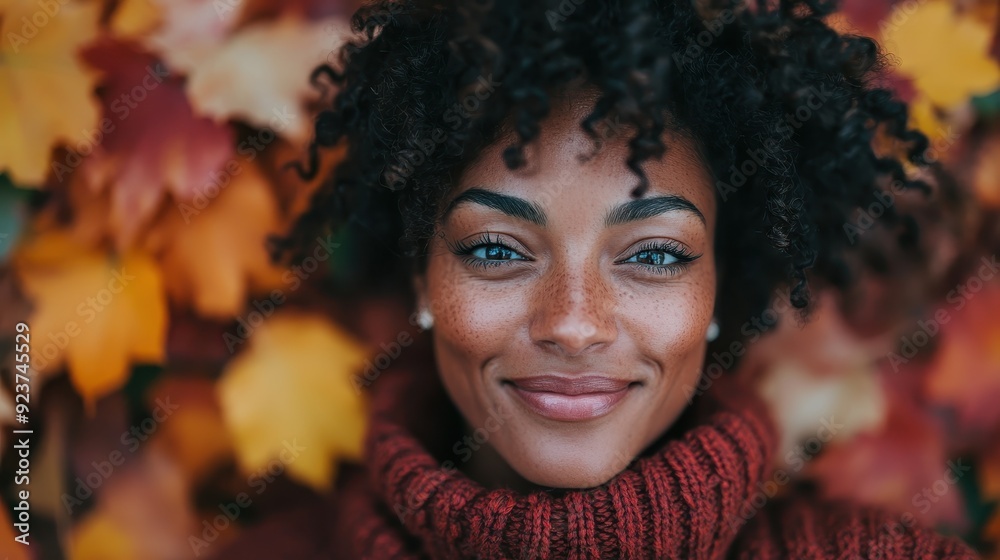 A woman with curly hair and freckles smiles brightly, dressed in a red sweater, lying against a backdrop of vibrant autumn leaves, showcasing a joyful and warm scene. A woman with curly hair and freckles smiles brightly, dressed in a red sweater, lying against a backdrop of vibrant autumn leaves, showcasing a joyful and warm scene.