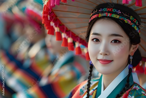 Portrait of a North Korean Woman in Traditional Attire Celebrating a Festival Outdoors. Capturing the Beauty and Pride of North Korean Culture During a Joyous Occasion. A Reflection of Ethnic Heritage