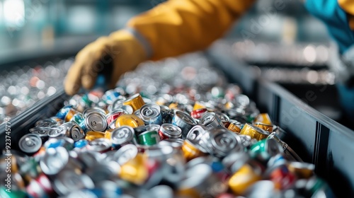 A worker with gloved hands sorting through a large number of multicolored cans at a recycling plant, illustrating the recycling process and environmental responsibility. photo