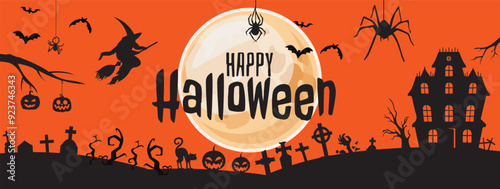 Scary halloween banner isolated background with set of Halloween icons.Vector illustration photo