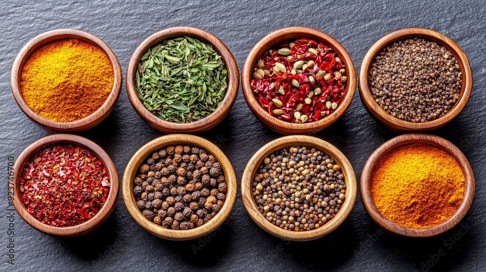 Assortment of vibrant spices and herbs presented in wooden bowls, showcasing the rich diversity of flavors Assortment of vibrant spices and herbs presented in wooden bowls, showcasing the rich diversity of flavors