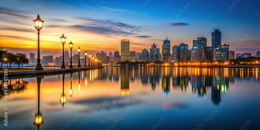 Fototapeta premium Photo of a city skyline at dusk with a focus on street lights reflecting on water, night, nocturnal, dawn, city