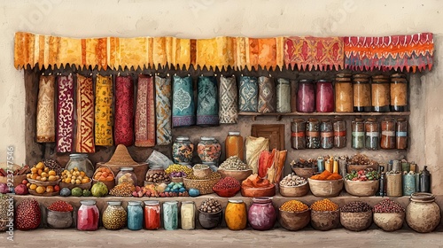 A textured watercolor of an Arab marketplace during a festival, showcasing traditional crafts, spices, and vibrant fabrics on display