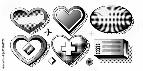 Chrome photocopy heart print set, vector y2k retro futuristic love shapes, cosmic grain halftone kit. Dot texture space sticker, February Valentine stamps, silver grunge noise shape. Heart print art