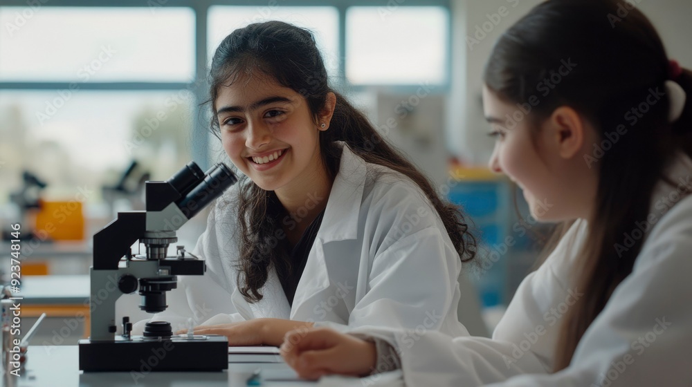 Two Smiling Girls in Lab Coats Studying With a Microscope Two Smiling Girls in Lab Coats Studying With a Microscope