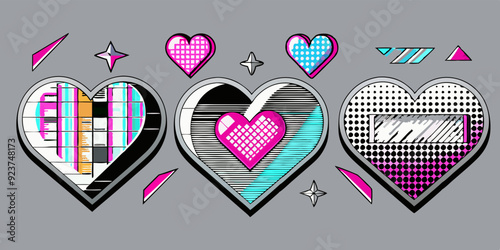 Chrome photocopy heart print set, vector y2k retro futuristic love shapes, cosmic grain halftone kit. Dot texture space sticker, February Valentine stamps, silver grunge noise shape. Heart print art