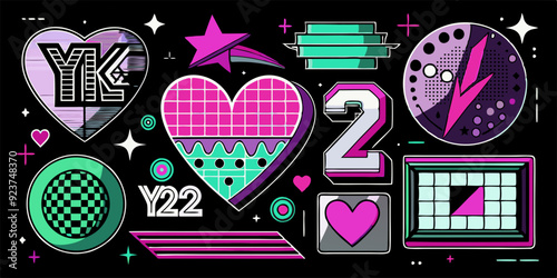 Chrome photocopy heart print set, vector y2k retro futuristic love shapes, cosmic grain halftone kit. Dot texture space sticker, February Valentine stamps, silver grunge noise shape. Heart print art