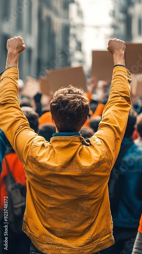 Passionate protester in vibrant yellow jacket raises fists in solidarity, leading a crowd during an urban demonstration. Powerful image of activism and unity.