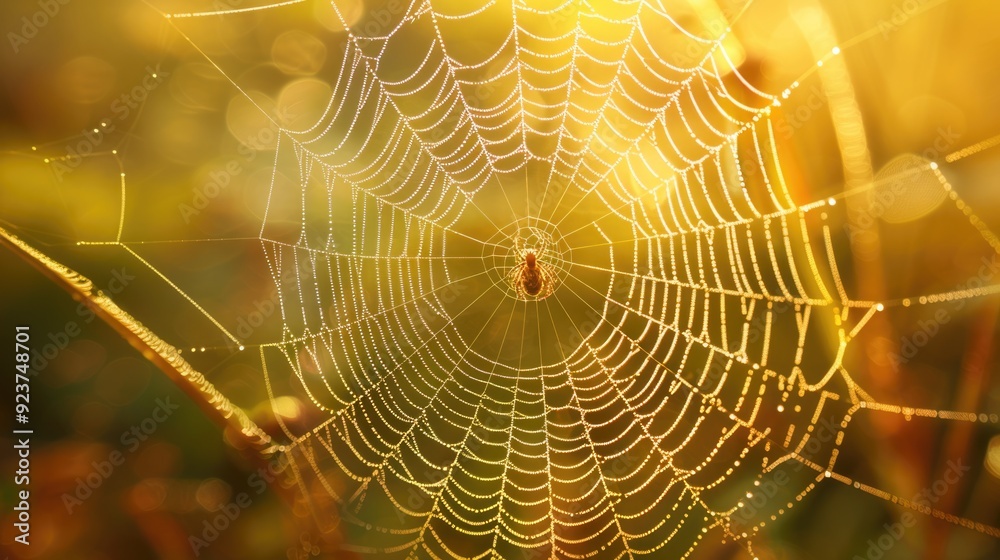 Naklejka premium Intricate Spider Web with Dew Drops, Close-up of Spider in Center