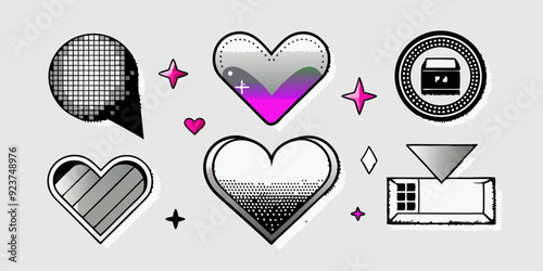 Chrome photocopy heart print set, vector y2k retro futuristic love shapes, cosmic grain halftone kit. Dot texture space sticker, February Valentine stamps, silver grunge noise shape. Heart print art