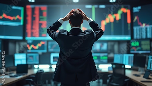 Stressed Stock Exchange Trader Can't Apprehend a Sudden Stock Market Collapse. Financial Crisis Concept with Stock Broker Saddened by Negative Ticker Information, Red Graphs and Real-Time Data