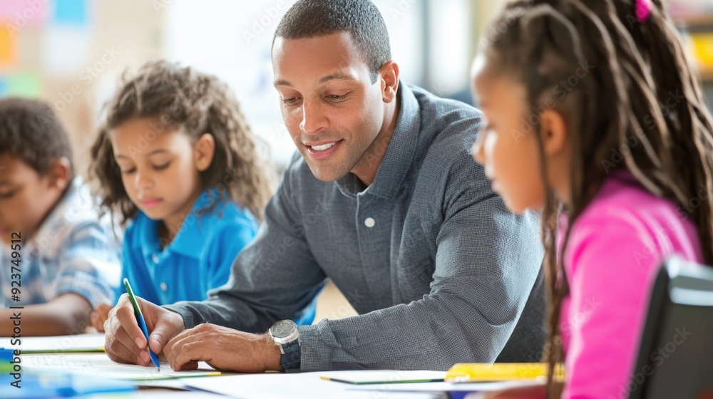 Teacher Helping Student A teacher assisting a student at their desk, with other students working independently, Teacher Helping Student A teacher assisting a student at their desk, with other students working independently,