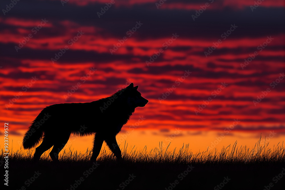 Silhouette of an Animal in Motion Against a Dramatic, Colorful Sky