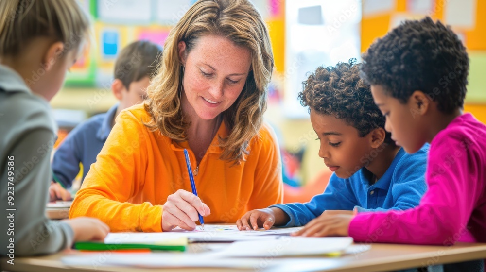 Fototapeta premium Teacher Helping Student A teacher assisting a student at their desk, with other students working independently,