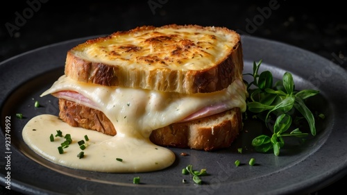  Black background croque monsieur with béchamel sauce 