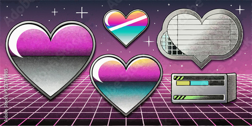 Chrome photocopy heart print set, vector y2k retro futuristic love shapes, cosmic grain halftone kit. Dot texture space sticker, February Valentine stamps, silver grunge noise shape. Heart print art