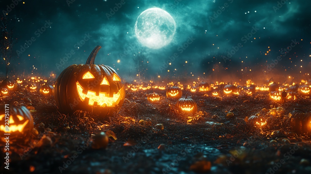 38. A spooky pumpkin patch with glowing jack-o'-lanterns and a full moon 38. A spooky pumpkin patch with glowing jack-o'-lanterns and a full moon