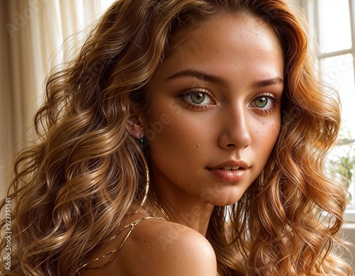 In a sunlit room with soft, golden hues, there is a woman who embodies grace and elegance. Her hair cascades in waves of chestnut and gold, catching the light with every movement. Her eyes, deep and e photo