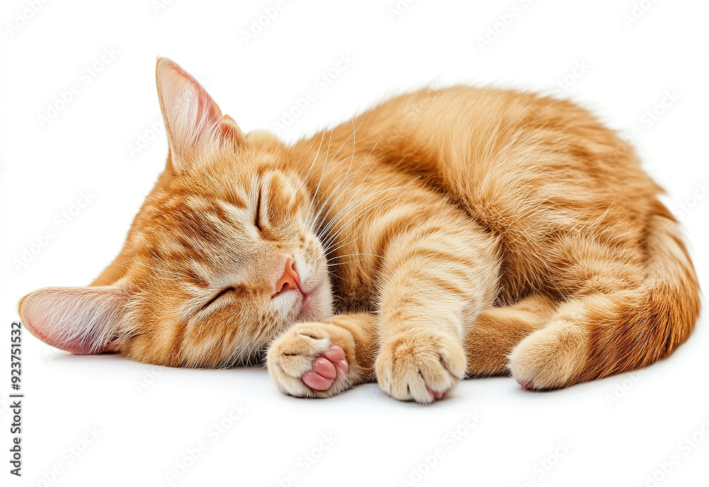 Obraz premium Orange tabby cat sleeping, Close up of a cute cat napping isolated on white background.