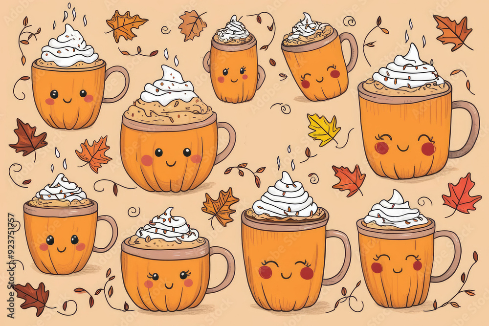 Cute set of coffee cups with autumn leaves on orange background. AI generated Cute set of coffee cups with autumn leaves on orange background. AI generated