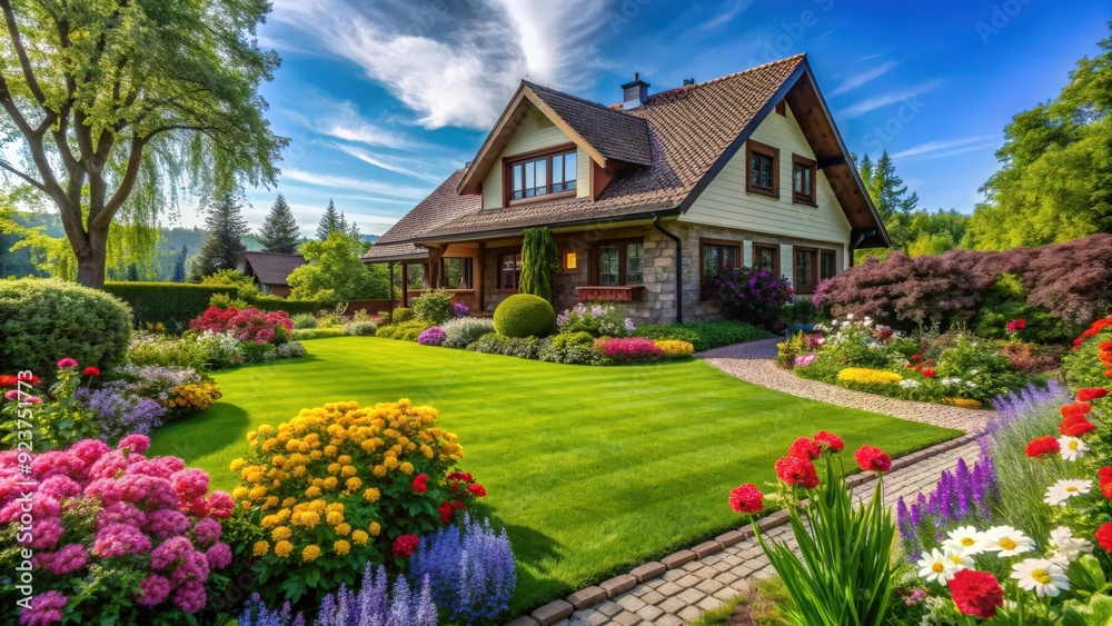 House in the garden with blooming flowers and green grass , house, garden, flowers, blooming, green, grass, backyard, plants House in the garden with blooming flowers and green grass , house, garden, flowers, blooming, green, grass, backyard, plants