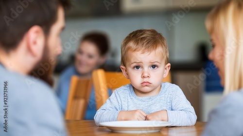 Pensive Child at Dinner Table Surrounded by Family