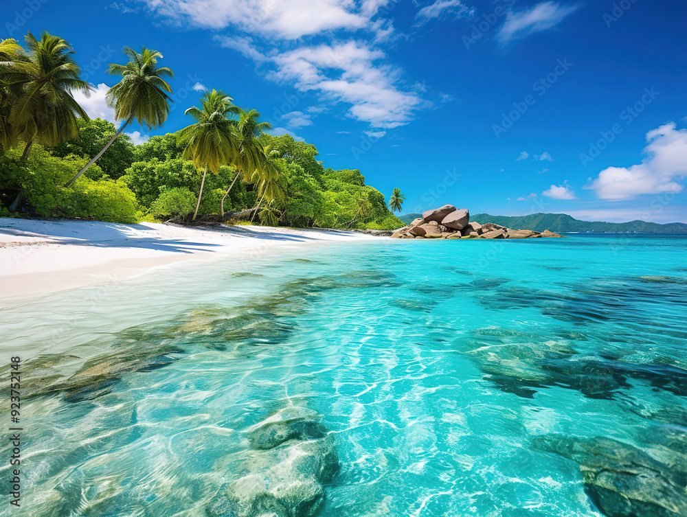 Obraz premium Incredible Tropical palm trees sway on turquoise waters