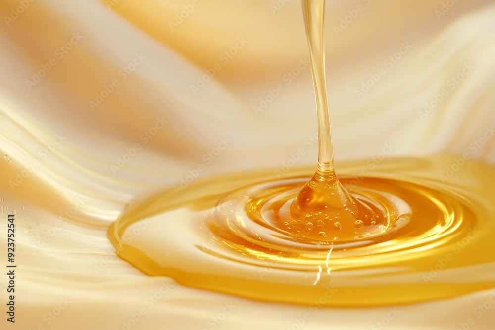 Rich golden honey drips gracefully, forming a delicate spiral against a warm beige backdrop, highlighting its smooth texture and inviting appeal Rich golden honey drips gracefully, forming a delicate spiral against a warm beige backdrop, highlighting its smooth texture and inviting appeal