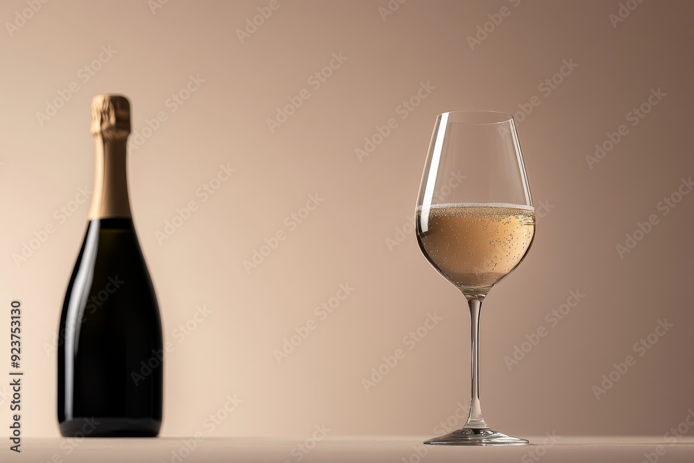 A sparkling wine glass reveals effervescence alongside a bottle, creating an inviting display perfect for celebrations and special occasions