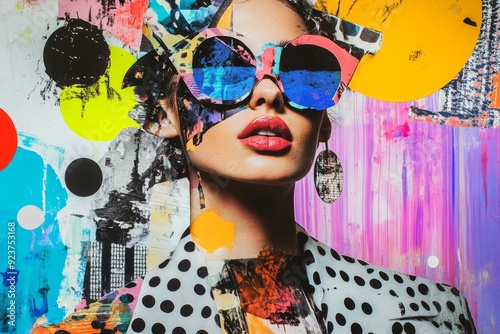 A striking collage showcases vivid colors and patterns, highlighting a figure adorned with statement accessories against a pop art backdrop photo